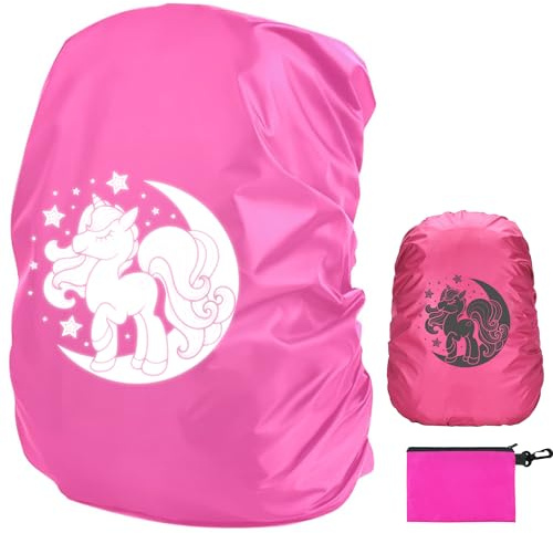 Tixlux Regenschutz für Rucksäcke, reflektierende Rucksack-Regenhülle, Schultaschenhülle mit Aufbewahrungstasche für Kinder, Mädchen, Outdoor-Wandern, Reiten, Klettern – Rosa, Einhorn