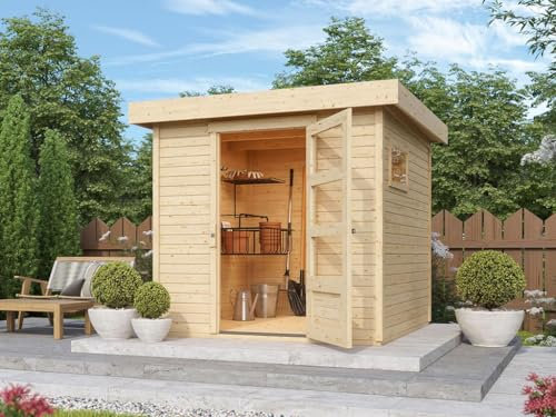Karibu Gartenhaus Bielefeld 1 | Gerätehaus mit 19 mm Wandstärke | INKLUSIVE Unterkonstruktionshölzer | Fichtenholz | Steck-/Schraubsystem | Grundfläche: 4,3 m² | Naturbelassen | 242x238x210 cm