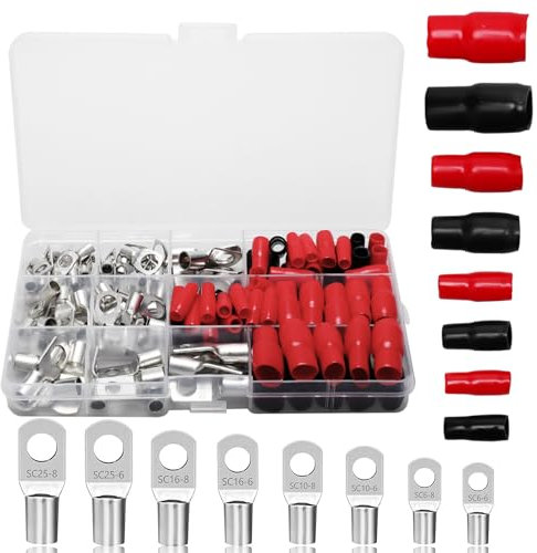 140PCS Copper Wire Lugs Terminals Set Battery Cable Connector Assortment, Terminal Crimp Connectors Cable Lugs Ring 70 PCS SC Cable Lugs + 70 PCS Insulating Covers