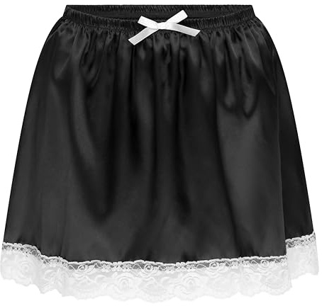 Satini Sissy Satin Lacy Dolly Skirt | Soft Smooth Fabric, Floral Frill Trim, Flirty A-Line Cut, Bow-Tie Elastic Waist, Sizes S-XXL