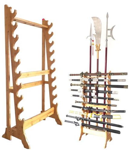 LSRFXF Vertikaler Kampfkunst-Schwertständer aus massivem Holz, 10/12 stöckige Waffenausstellungs-Waffenregale, Kleiderbügel zur Aufbewahrung verschiedener Schwerter und Langwaffen