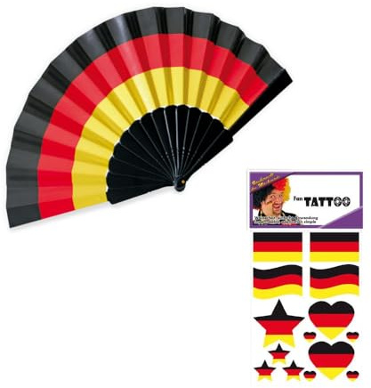KarnevalsTeufel Deutschland Fächer Fanartikel Schwarz-Rot-Gold | Faltbarer Deutschland Fächer mit Gratis Tattoos für EM, WM, Public Viewing, Stadion und Fanmeile
