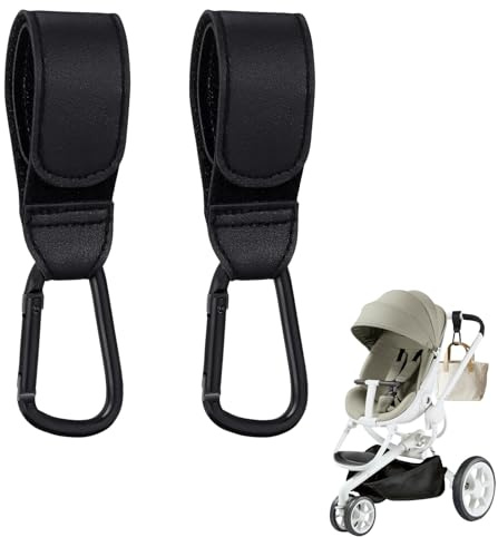 Pram Bag Clips,2PCS Pram Clips for Bags,Buggy Clips for Pram Set,Black Pram Hooks for Bags,PU Leather Pram Clips for Bags,Suitable for Mommy Diaper Bag/Pushchair/Shopping Grocery/Backpack/Outdoor Use
