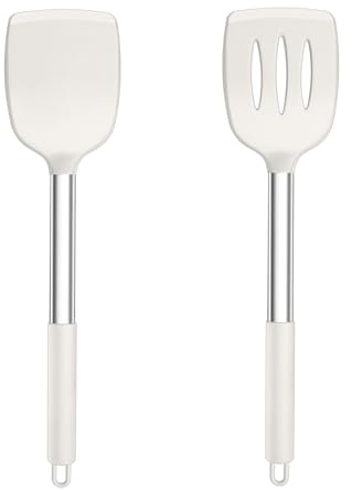 Homikit Lot de 2 spatules de cuisine en silicone avec poignée en acier inoxydable - Ustensiles de cuisine blancs - Résistantes à la chaleur - Spatules fendues