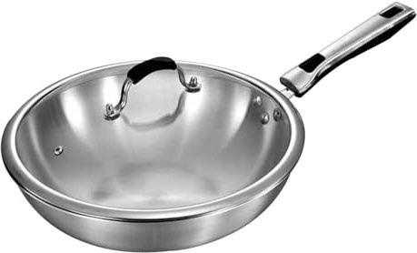 AIZYR Sartén De Acero Inoxidable De 5 Capas Sartén Wok De Fondo Plano con Tapa,Sartén Sin Recubrimientos Sartenes para Saltear Apto para Todas Las Estufas.