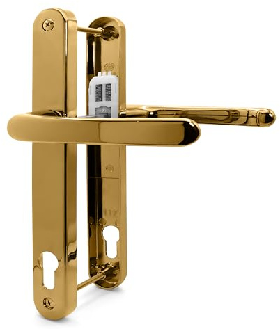 TSS Polished Brass UPVC Door Handle Pair Set, 117mm, PZ (Centres), Sprung, Lever Lever, 237 Screws, Backplate 267x32 - Replacement PVC Door Handle