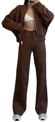 amropi Women's Tracksuit Zipper Jacket Top and Jogging Pants 2 Pieces Sweatsuit Set Coffee, M