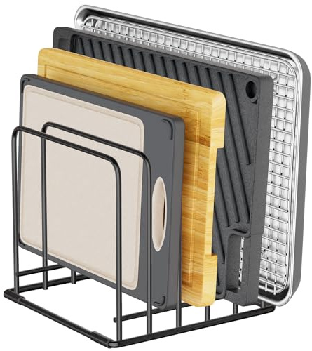 SAGLAU Kitchen Organizer Rack - 5-Slot Heavy-Duty Cutting Board and Bakeware Holder, Rust-Resistant with Anti-Slip Feet for Countertop or Cabinet Storage
