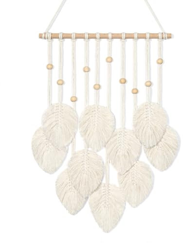 UXORSN Tapisserie mural en macramé à motif de feuilles beiges et pompons, décoration bohème chic faite à la main en corde de coton tissée à la main