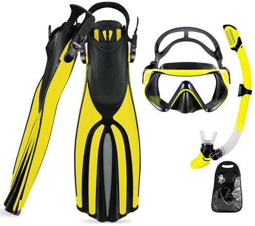 Tragbare Schnorchelausrüstung für Erwachsene, dreiteiliges Set aus Tauchmaske, Schnorchel und Tauchflossen, Schnorchelausrüstung in Reisegröße zum Schwimmen, Schnorcheln und Tauchen (Gelb)