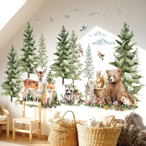 DECOWALL SG4-2422 Väggdekaler med tallar och skogsdjur Berg Skog Skogsdjur Rådjur Räv Väggdekor Barn Mysigt rum Barnrum Lekrumsinredning