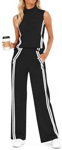 Casly Lamiit 2 Piece Lounge Set Women Travel Outfits Casual Tracksuit Jogging Sweat Activewear Mock Neck Sleeveless Top Long Pants Black L