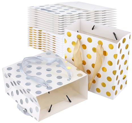 KEILEOHO 20 Stück Geschenktüten Klein mit Henkel, 15 x 14 x 7 cm, Kleine Papiertüten mit Bandgriff, Papier Tüten Papiertaschen Tragetaschen für Geburtstag, Hochzeit, Party, Weiß, Silber, Gold