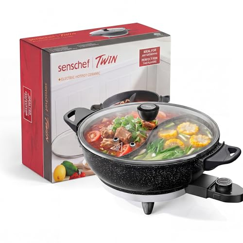 SENSCHEF - Olla caliente eléctrica de 4 litros con separador, olla Shabu Shabu de doble sabor con función de cocción lenta, 1500 W, ideal para comidas familiares y reuniones sociales, negro