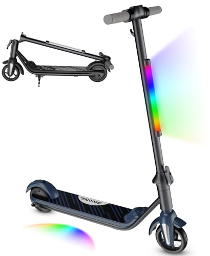 scoot4kids Elektrischer Kinder-Scooter, Alter 6-12, 80W Motor, 6/12 km/h Geschwindigkeit, 8 km Reichweite, LED-Display & Regenbogenlichter, Faltbarer Elektroroller für Kinder (Grau)