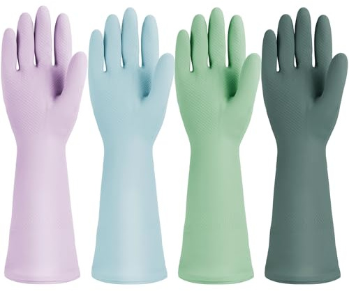 Jsocoah Rubber Kitchen Dishwashing Gloves, 4 Pairs Reusable Waterproof Latex Household Cleaning Gloves, Non-Slip and Flexible for Washing Dishes, Kitchen and Bathroom Cleaning