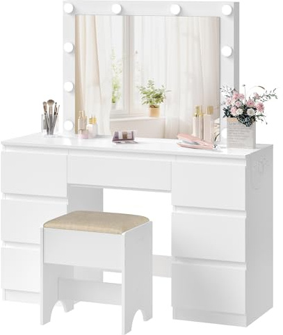 WOLTU Sminkbord med justerbar LED-spegel, sminkstol med vadderad sits, modernt sminkbord med lådor och 2 uttag, 1 USB-A och 1 USB-C med 1,5 m kabel, vit
