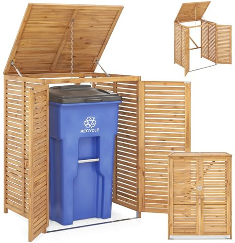 RELAX4LIFE Abri à Poubelle 120 L, Maison pour Poubelles Extérieures en Bois avec Couvercle Ouvrant, Portes Doubles et Verrouillage, Conteneur de Poubelle pour Jardin Arrière-Cour Terrasse, Nature