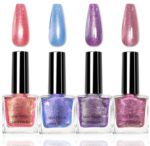 4 Farben Chamäleon Nagellack Set, Glitzer Nail Polish mit Pearl Shimmer Effect, Bunt Lebendig Nagelack für Frauen, Perlglanz Nagellack Schnelltrocknend für Anfänger Maniküre Salon