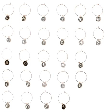 Bojueshaw 26pcs Alphabet Wine Charm Set,Letter Drink Markers,Alloy Pendants,Glass Charm Rings for Party Favors Family Gathering(Champagne)