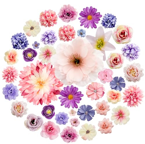 GOTRUST 48pcs Kunstblumen Köpfe zum Basteln, 2.5-9cm Künstliche Blütenköpfe Klein, Stoffblumen Deko, Rosa und Lila Künstlich Blumen für Hochzeit Torte DIY Crafts Home Party Dekokünstliche
