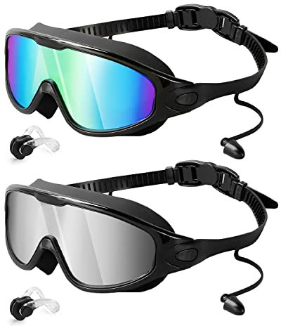 Lot de 2 paires de lunettes de natation - Large vue - Anti-buée - Protection UV - Anti-fuite - En silicone - Pour homme et femme - Ajustement confortable pour piscine et accessoires de natation en eau