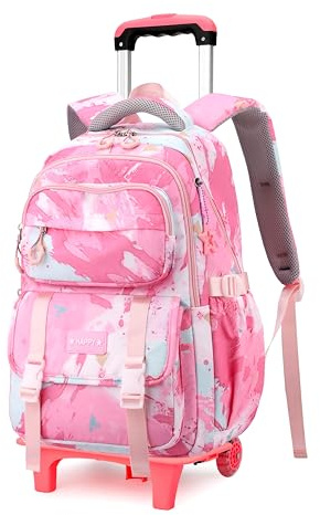 NIWEIYA Kids Rolling Backpack for Girls School Backpack with Wheels for Girls Wheeled Bookbags Roller Trolley Bags for Primary Students, 2-Wheel Pink