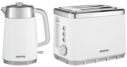 GEEPAS Arcus 1.7L Electric Kettle & 2 Slice Toaster Kitchen Combo Set | 3000W Rapid Boil Cordless Jug Kettle | Auto Shut-Off 360° | 930W Bread Toaster 7 Browning Levels Cancel Defrost Reheat | White