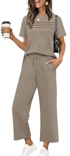 Two Piece Set for Women Summer Outfits 2026 Vacation Trendy Lounge Sets Short Sleeve Matching Sets Women's Clothing Wide Leg Crop Pants Set Travel Airport Sweat Set Crew Neck Brown XL