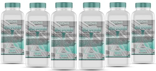 GiDeli Växtbaserade 99,5 % glycerin 6 x 1 L – Färglös och luktfri för tvålar, krämer och schampon – vegansk och ren glycerin flytande för hud, hår och kosmetika – glycerol för gummivård och fönster