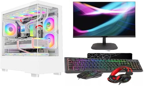 ASC Gaming PC Bundle: AMD Ryzen 5 5500, 16GB RAM, 1TB+256GB SSD, RTX3050 6GB Graphics, 22 Monitor, Windows 11, White RGB 9 Fan Glass Gaming Case