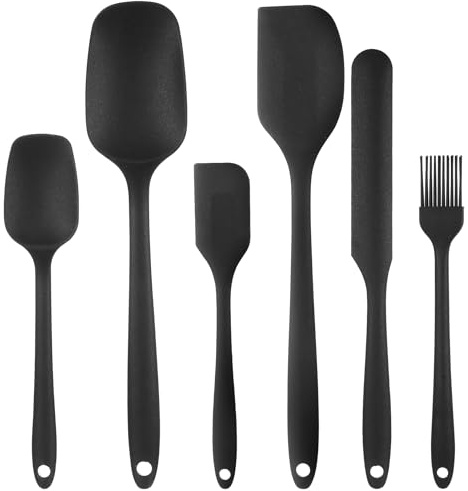 Zhujiehigh 6 Unidades Utensilios Cocina Silicona Antiadherente, Negro | 6 Piezas con cucharas y espátulas ranuradas, antiadherentes, para hornear, mezclar y agitar, silicona, color negro.