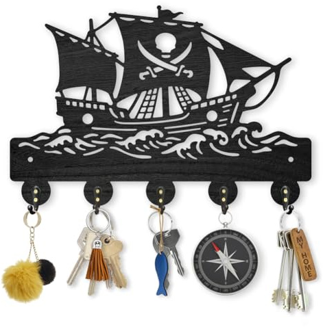 MAYJOYDIY Porte Clés Mural en Bois en Forme de Bateau Pirate et de Vague (30 x 20cm) avec 5 crochets en Alliage Motif Squelette et Os Croisés Idéal pour Cuisine Bureau Chambre