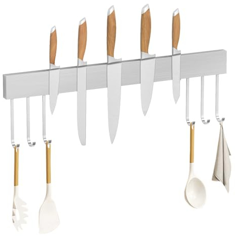 SMART&COOL Magnetic Knife Holder for Wall with 6 Hooks - 40CM Stainless Steel Knife Magnetic Strip, Extra Strong Rack for Knives, Kitchen Utensils and Tools