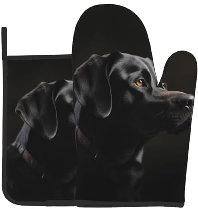 Lot de 2 maniques et maniques noires avec motif labrador - Résistantes à la chaleur - Antidérapantes - Gants de cuisine et tapis pour la cuisson, les grillades et les barbecues