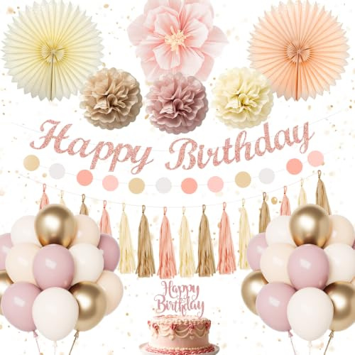 Geburtstagsdeko Frauen Mädchen, Dekoration für die Geburtstagsparty Rosa und Gold mit Geburtstagsballons, Happy Birthday Dekoration Banner, Pompons für Geburtstagsdekoration Frauen Mädchen