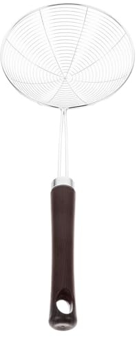 CAXUSD 1pezzi Schiumarola Acciaio Inox Piccola Spirale Rete Fine per Cucina Mestolo Scolapasta per Frittura Hot Pot Verdure e Uova Poached Manico Legno Ergonomico