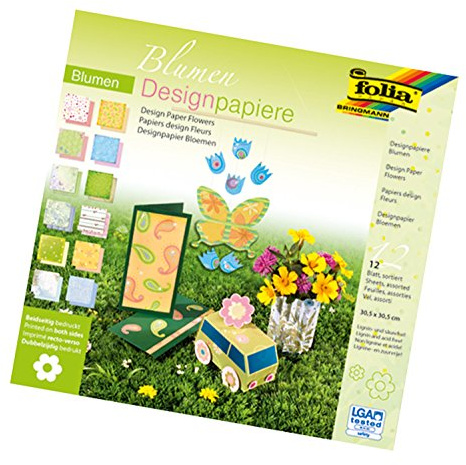 folia 10149 - Designpapier Block Blumen, ca. 30,5 x 30,5 cm, 190 g/qm, 12 Blatt Sortiert in 12 verschiedenen Motiven, beidseitig bedrucktes hochwertig illustriertes Papier