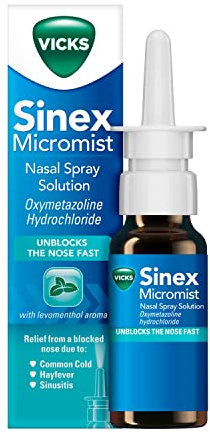 Procter & Gamble Vicks Nasal Spray, Sinex Micromist Decongestant Nose Spray For Blocked Nose With Oxymetazoline, Unblocks The Nose Fast, Blocked Nose Relief, Cold Virus Blocker, Menthol Aroma, 15 ml
