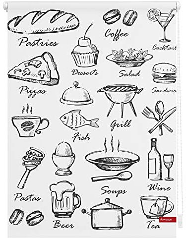 Lichtblick Klemmfix Tageslicht-Rollo mit Motiv, ohne Bohren, Blickdicht, Seitenzugrollo, Made in Germany, Menü - Schwarz Weiß 80 x 150 cm (B x L)