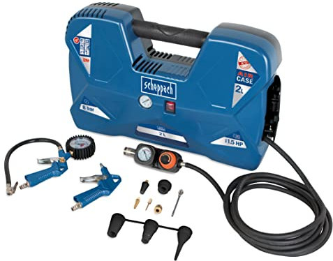 Scheppach mobiler Kompressor Aircase mit 2L Kessel | 230V 1100W | 8bar Druck | 180 L/min | ölfrei & tragbar | Druckluftkompressor mit Reifenfüller, Ausblaspistole & Zubehörset