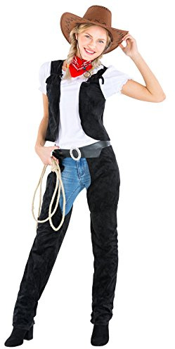 dressforfun tectake Frauenkostüm Cowgirl | Stretch- Shirt + Weste + Chap und Halstuch | Cowboy Sheriff Faschingskostüm (XXL | Nr. 300563)