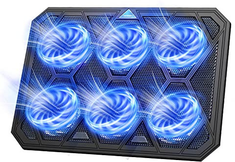 TECKNET Laptop Cooling Pad Laptop Cooler with 6 Ultra Quiet Cooling Fan at 1400 RPM Rapid Cooling, Adjustable Height Laptop Cooling Stand for 12-19 Laptops, Blue LED Light, 2 USB Ports