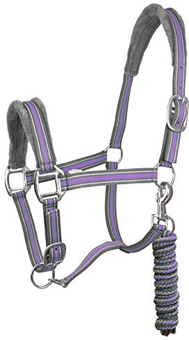York Halfterset Halfter mit Strick Calipso Halfter & Strick gepolstert 5 Farben (Pony, grau/violett)
