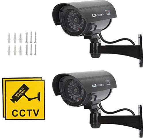 2 PCS Videocamera Fittizia CCTV Telecamera di Sorveglianza Finta con LED Lampeggiante Antipioggia Camera di Sicurezza Finta Supporto da Parete-con Viti e Adesivi di Avvertenza per Interni ed Esterni