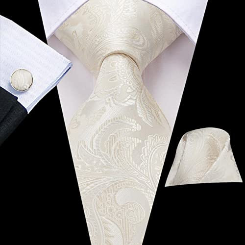 BAJIE Herren Krawatte Champagner Elfenbein Blumen Einfarbig Design Herren Seide Hochzeitskrawatte Einstecktuch Manschettenknöpfe Business