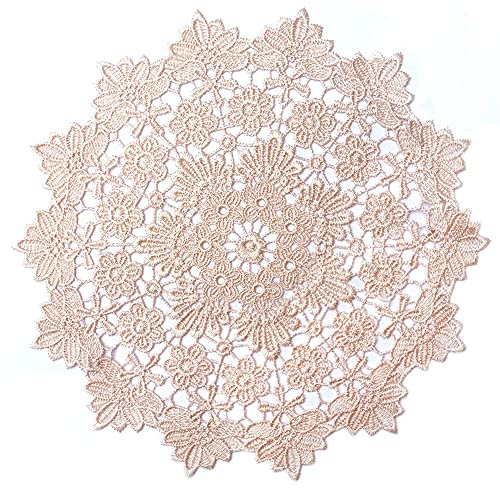 Jilibaba Napperon de table en dentelle - Style vintage - Rond - Motif floral brodé - 25 cm - Beige