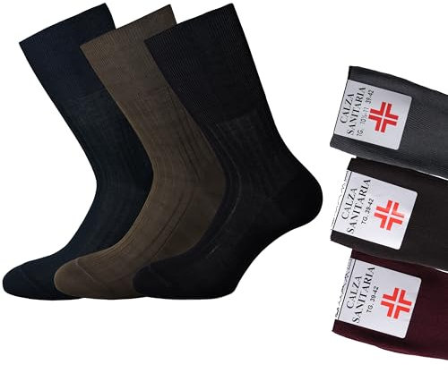 Leedya 3 Paia di Calze Sanitarie Mezza Gamba Filo di Scozia Uomo 100% Made in Italy - Cotone Mercerizzato Rimagliato a Mano - Senza Elastico per Diabetici (Colori Assortiti, 43-45)