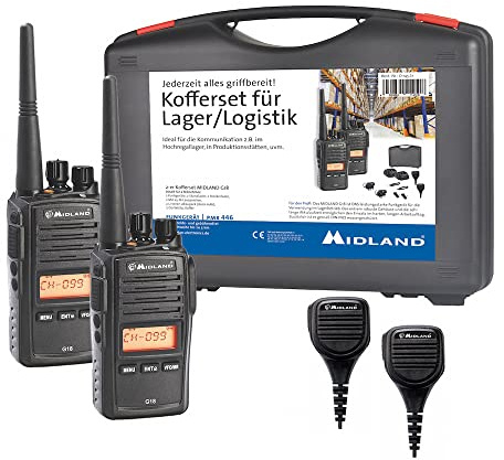 Midland G18 Pro, Two-Way-Funkgerät Walkie Talkie, 99 PMR446-Kanäle, Militärstandard Walkie Talkie, IP67-zertifiziert, Li-Ionen-Akku, Tischladegerät, Gürtelclip, schwarz