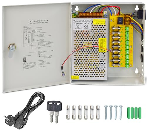 Weishuo Fuente Alimentacion CCTV 12V 10A 120W Salida de 9 Canales Caja de Alimentacion Distribuida Camara Seguridad con Enchufe de CA
